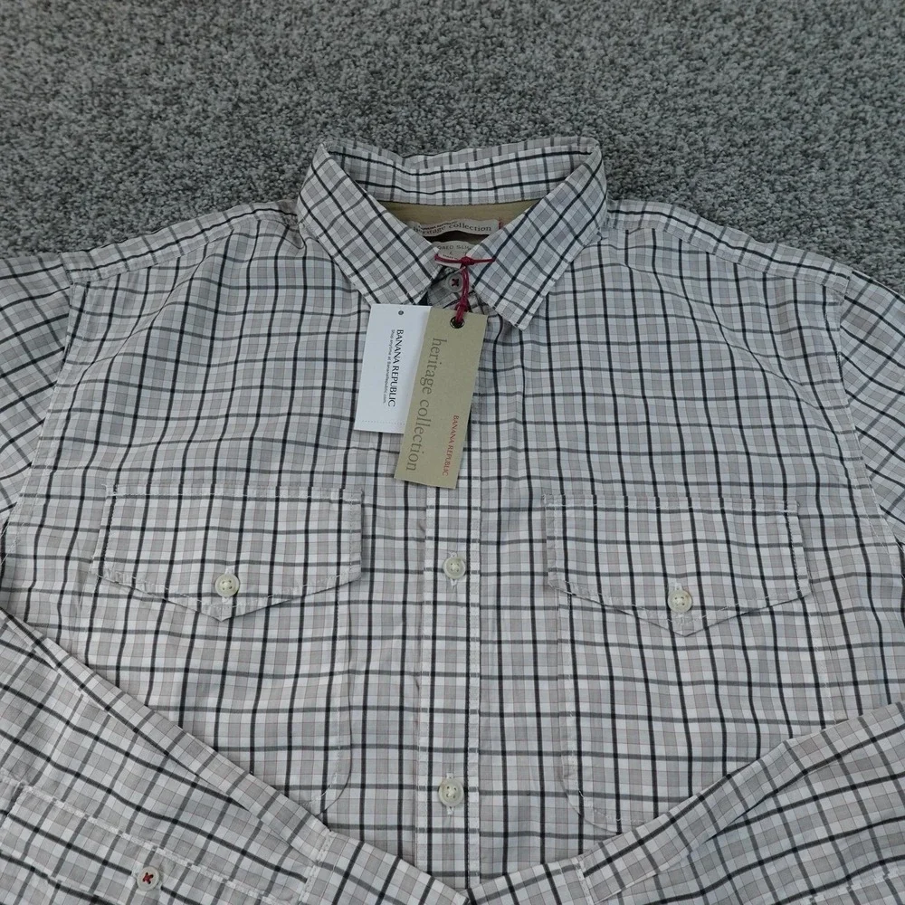 NEW Banana Republic Shirt Mens LT Gray Plaid Button Up Tailored Slim Long Sleeve